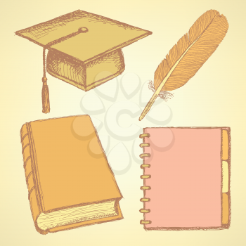 Sketch graduation cap, feather, notebook and book, background