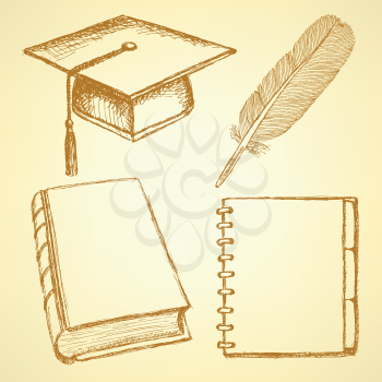 Sketch graduation cap, feather, notebook and book, background