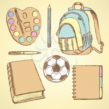 School backpack, watercolors, pen, pencil, football ball, book and notebook