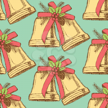 Sketch Christmas bell in vintage style, vector seamless pattern
