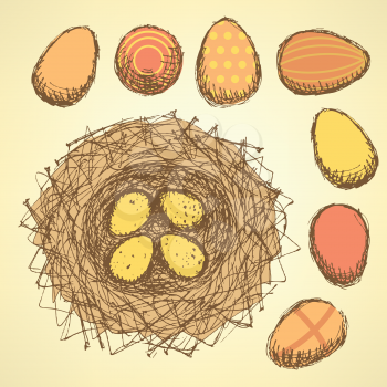 Sketch nest with eggs in vintage style, vector