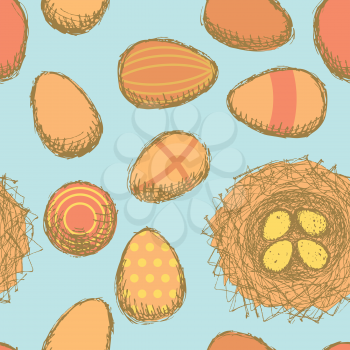 Sketch nest with eggs in vintage style, vector seamless pattern