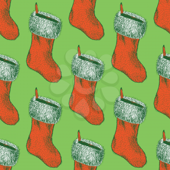 Sketch Christmas stocking in vintage style, vector seamless pattern