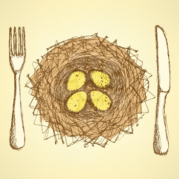 Sketch nest plate with fork and knife in vintage style, vector vegan background