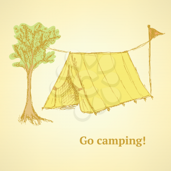 Sketch touristic tent in vintage style, vector