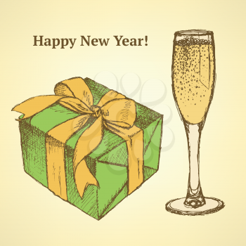 Sketch New Year set in vintage style, vector