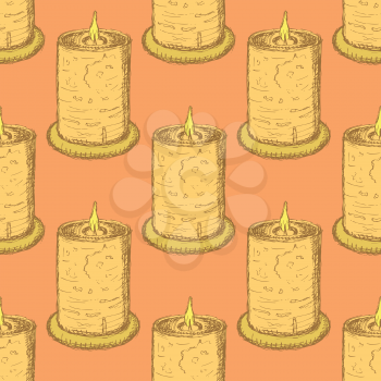 Sketch cute candle in vintage style, vector seamless pattern