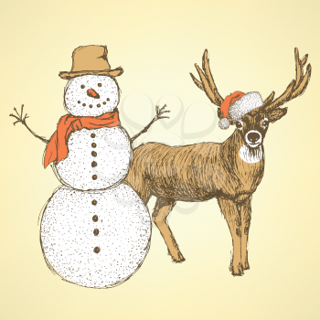 Sketch snowman and raindeer in vintage style, vector
