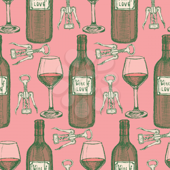 Sketch wine set in vintage style, vector seamless pattern

