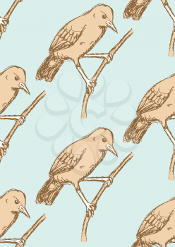 Sketch rufous hornero bird in vintage style, vector seamless pattern
