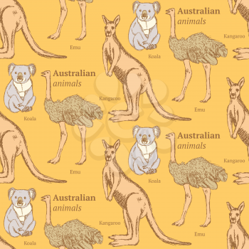 Sketch Australian animals in vintage style, vector seamless pattern