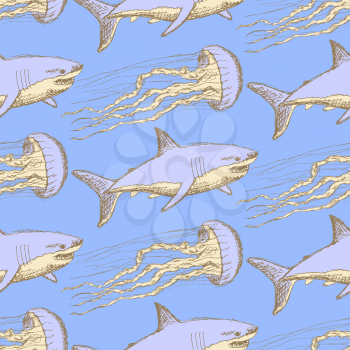 Sketch shark and jellyfish in vintage style, vector seamless pattern