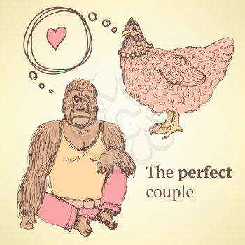 Sketch chicken and gorilla in vintage style, vector