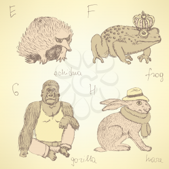 Sketch fancy animals alphabet in vintage style, vector e, f, g, h
