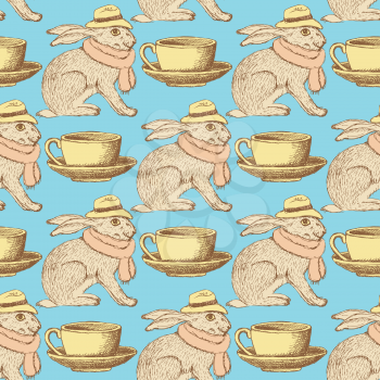Sketch hare and cup in vintage style, vector seamless pattern