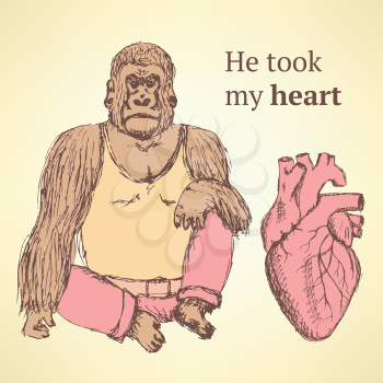 Sketch fancy gorilla with heart in vintage style, vector

