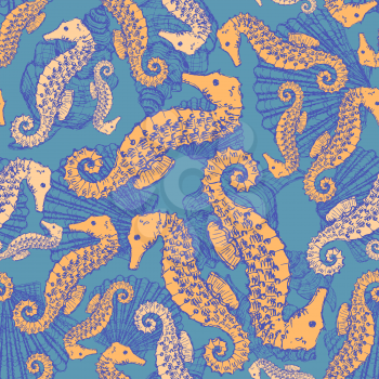 Sketch seahorse and shell in vintage style, vector seamless patter



