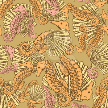 Sketch seahorse and shell in vintage style, vector seamless patter

