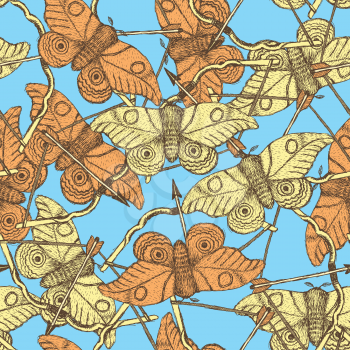 Sketch moth and bow in vintage style, vector seamless pattern