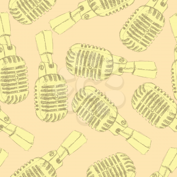 Sketch old microphone in vintage style, vector seamless pattern