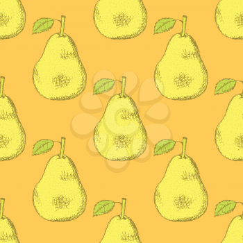 Sketch tasty pear in vintage style, vector seamless pattern