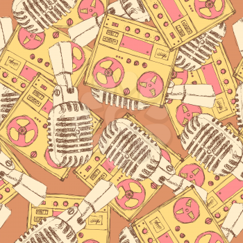 Sketch microphone and recorder in vintage style, vector seamless pattern
