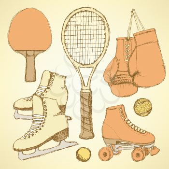 Sketch sport equipment in vintage style, vector