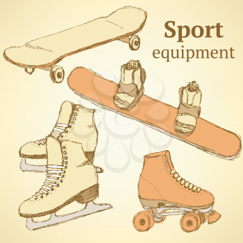 Sketch sport equipment in vintage style, vector