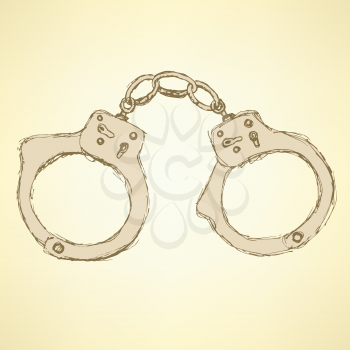 Sketch steel handcuffs in vintage style, vector