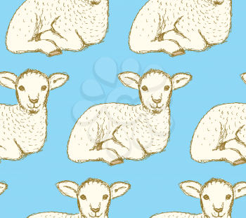 Sketch cute lamb in vintage style, vector seamless pattern