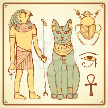 Sketch Egyptian symbols in vintage style, vector
