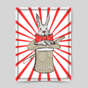 Sketch rabbit in hat in vintage style, vector poster