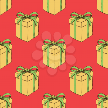 Sketch Christmas present in vintage style, vector seamless pattern