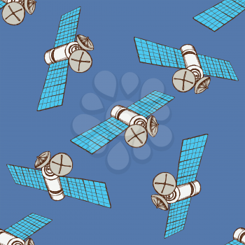 Sketch space satelite in vintage style, vector seamless pattern