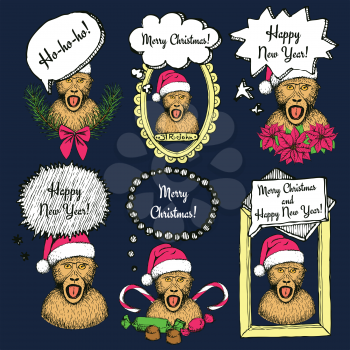 Sketch New Year monkey with bubble in vintage style, vector set