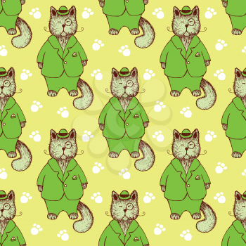 Sketch cat in suit in vintage style, vector seamless pattern