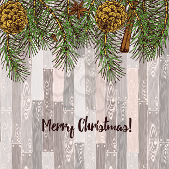 Sketch Christmas cards in vintage style, vector pine branches on a wooden tile