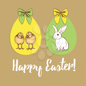 Easter poster with chiken, bunny and eggs in vintage style, vector