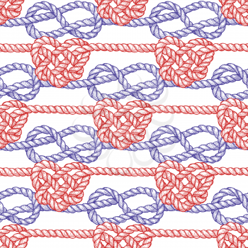 Knot in shape of heart in engravinng style, vector seamless pattern