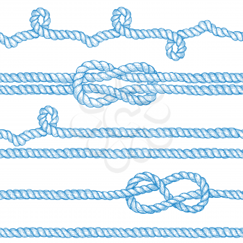Engraved ropes and knots in vintage style, vector seamless pattern with eight knot, sailor knot and rope swirl.