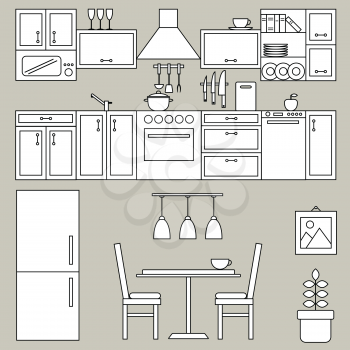 Kitchen interior line design. Vector illustration with refrigerator, kitchen furniture, utensils, chairs, table and decor.