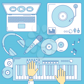 Music illustration, line design with turntable and keyboard