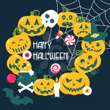 Halloween frame, wreath of pumpkin faces with lollipops, witch pot and hat, candy corn, spider, bat and net. Happy Hallloween flat vector design.