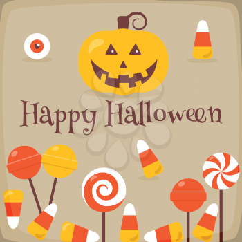 Happy Halloween vector illustration with pumpkin, candy corn, lollipops and eye