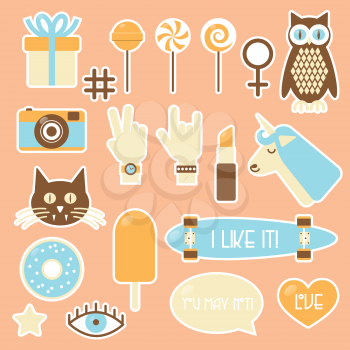 Sticker fashion badges, illustration set with owl, cat, lollipop, photo camera, hands, unicorn, lipstick, longboard, ice-cream, doughnut, eye, bubble and heart.