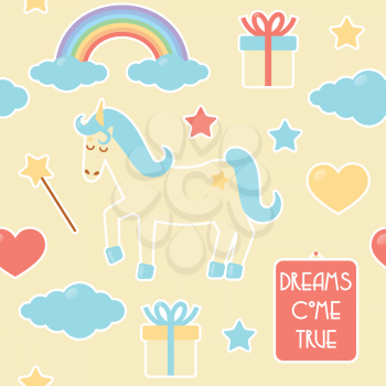 Unicorn seamless pattern, badges with rainbow, cloud, magic wand, heart and present