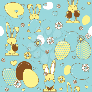 Easter eggs and rabbits,  Easter vector seamless pattern. Colorful line design with flowers and hearts.