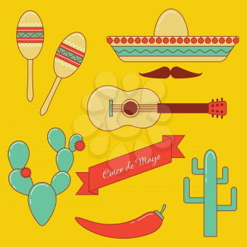 Cinco de Mayo vector set, line art design with sombrero, guitar, maracas, cactus and mustache