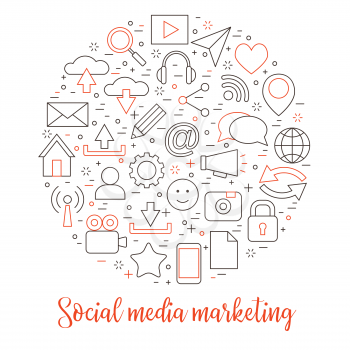 Social media marketing illustration, thin line icons circle