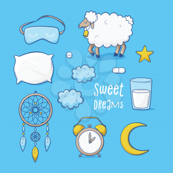 Sleeping set, sweet dreams vector cute elements